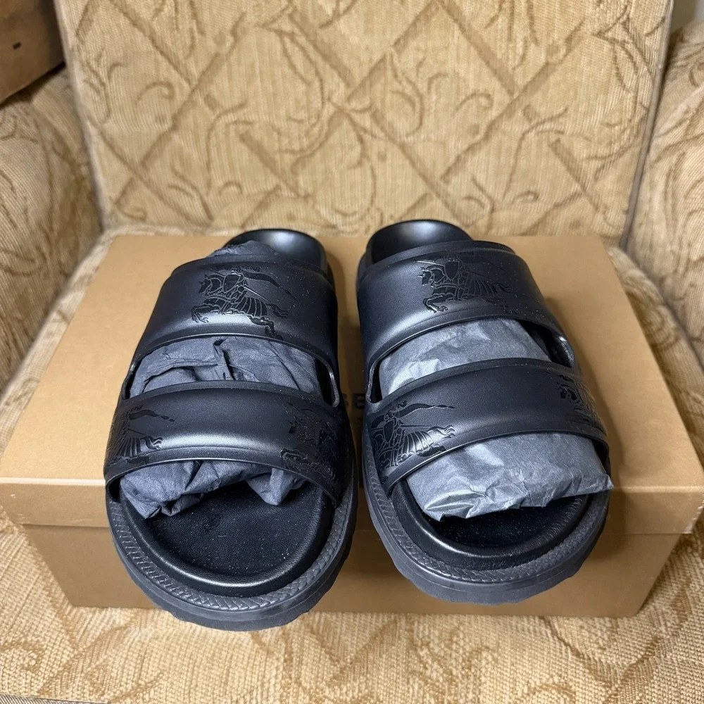 Burberry London England EKD Embossed Leather Slides Black Men's Size US 7 UK 6